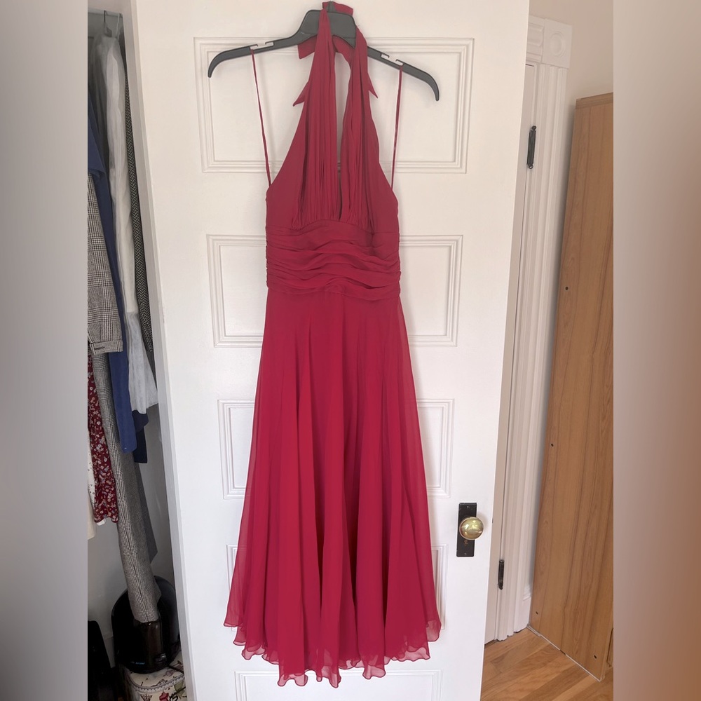 Midi halter top dress, bright raspberry, size 6, 100% chiffon silk, fully lined